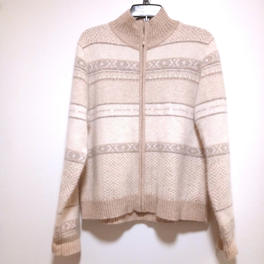 Valerie Stevens XL Wool Angora Cardigan Full Zip Fair Isle Sweater Cream Beige